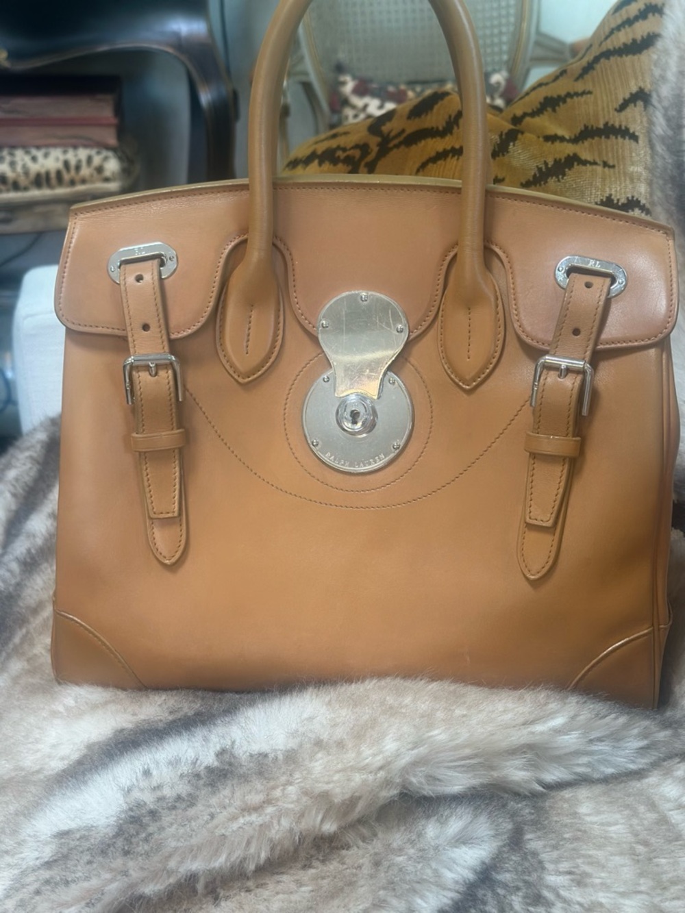 Ralph Lauren Tan Leather Satchel with Silver-Tone Lock